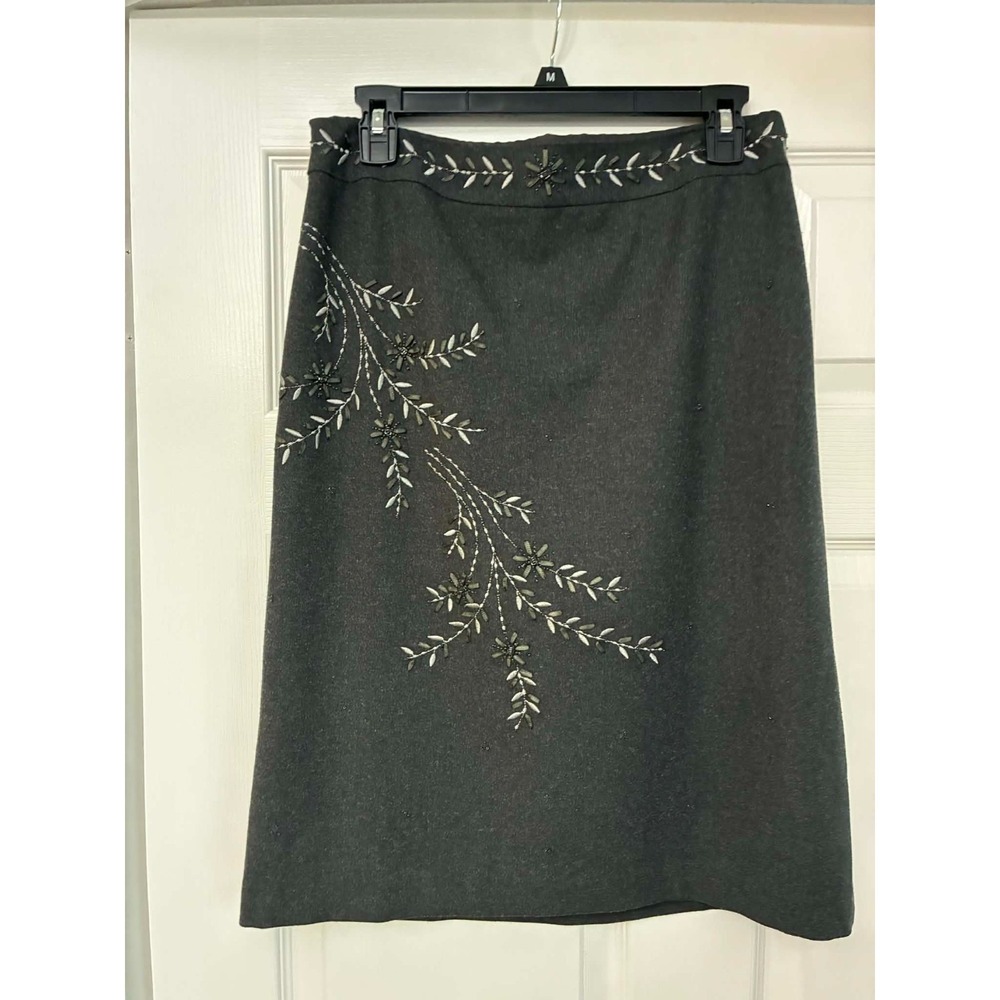 Ann Taylor Womens 8 Dark Gray Wool Blend Skirt Lined Embroidered Beaded